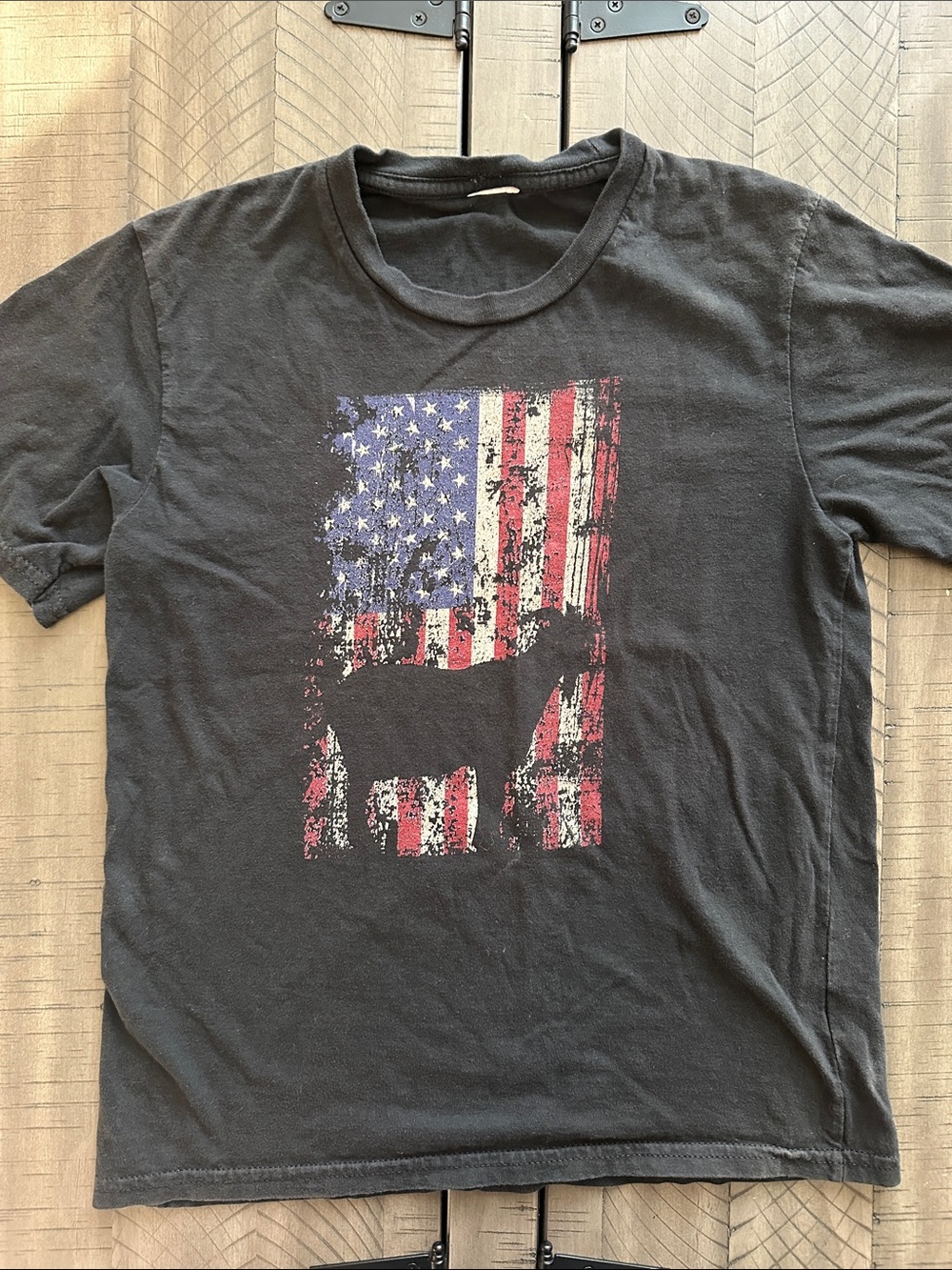 GOAT USA Black Short Sleeve Tee with Distressed American Flag